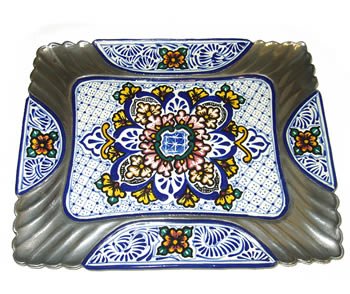 Rectangular Talavera and Pewter Platter